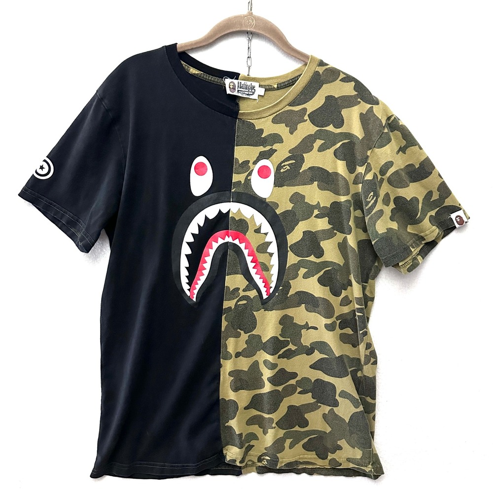 A Bathing Ape BAPE Kids Shark Face Split Camo WGM T-Shirt Black Green XXL
